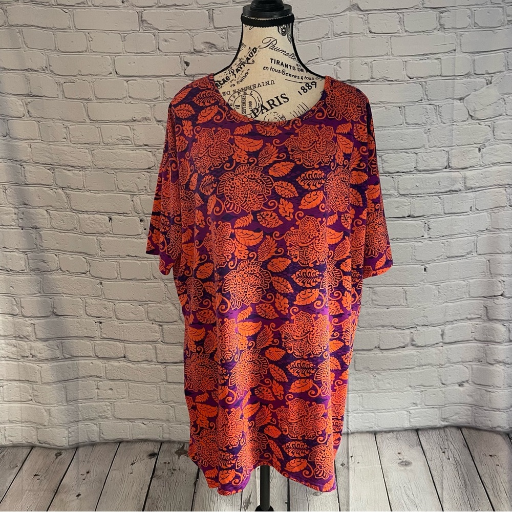 LuLaRoe Women's Short Sleeve Orange/Pink Floral Irma Longer Length Tunic Size S